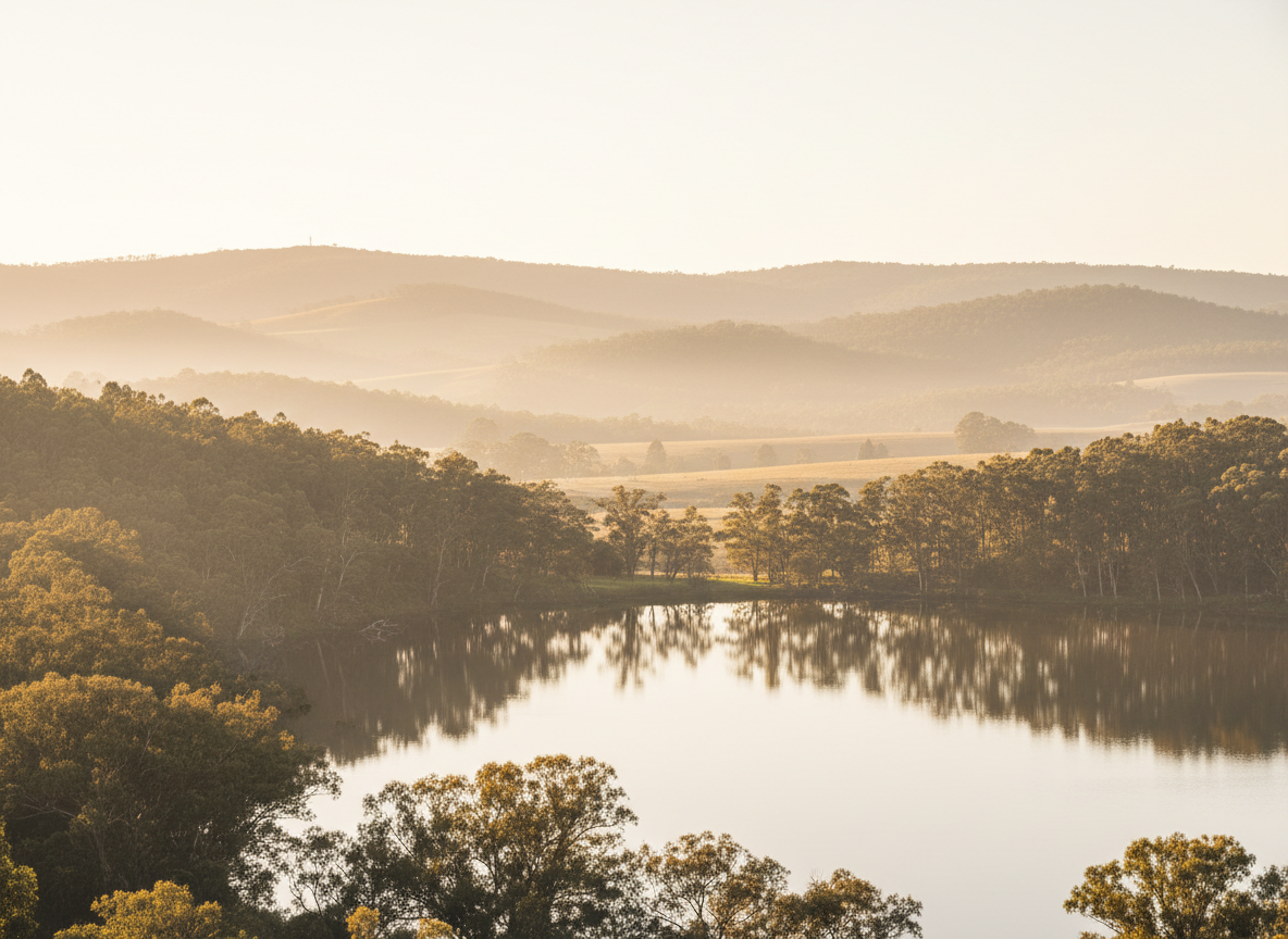 Peaceful Daylesford lake and eucalyptus landscape at golden hour